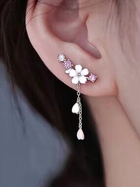 Cherry Blossom Tassel Earrings S925 Sterling Japanese Sakura Floral Dangles